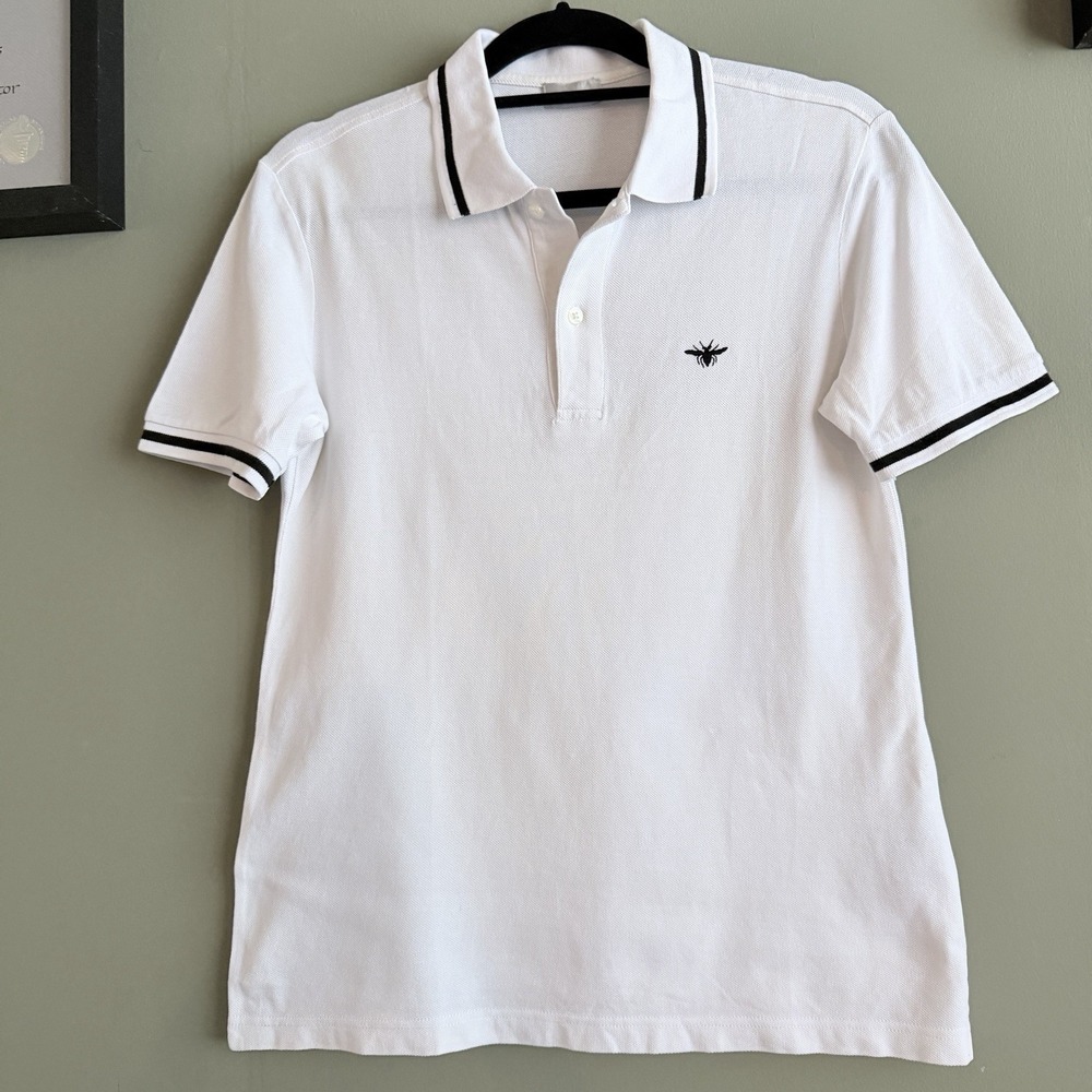 Dior Bee Polo Shirt White Black Trim Cotton Short Sleeve Men's‎ Size S Italy